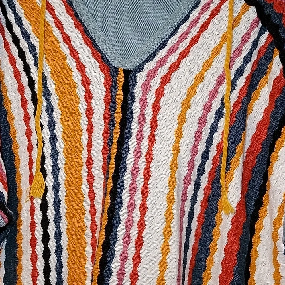 Gimmicks Womens Striped Fringed Hooded Poncho Sweater Blue Multi Size L PD123003